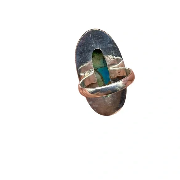 Peacock Dahlia Turquoise Ring Size 7 Solid 925 Sterling Silver Oval Green Blue - Picture 6 of 7